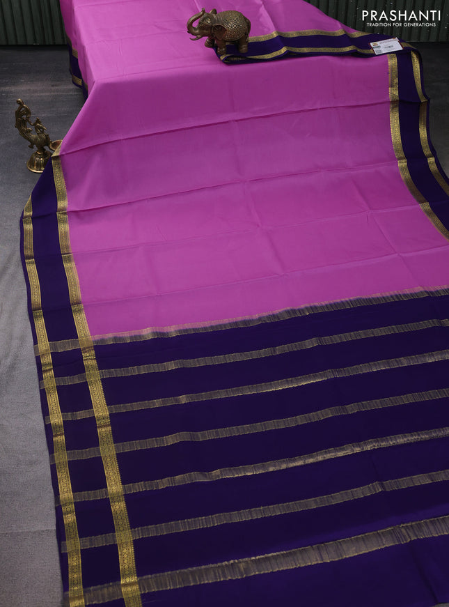 Pure mysore silk saree lotus pink and blue with plain body and rettapet zari woven border