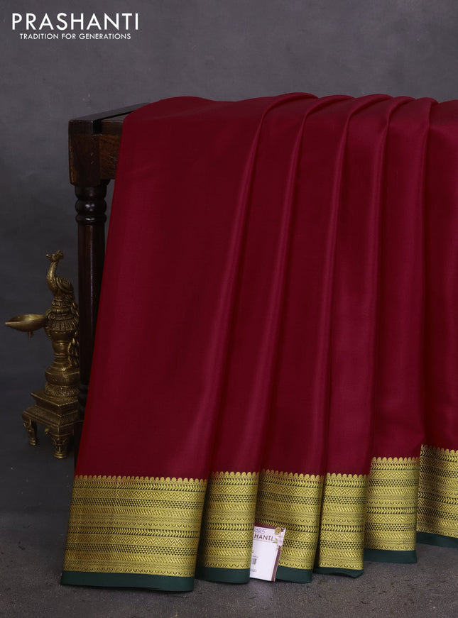 Pure mysore silk saree red and green with plain body and zari woven border