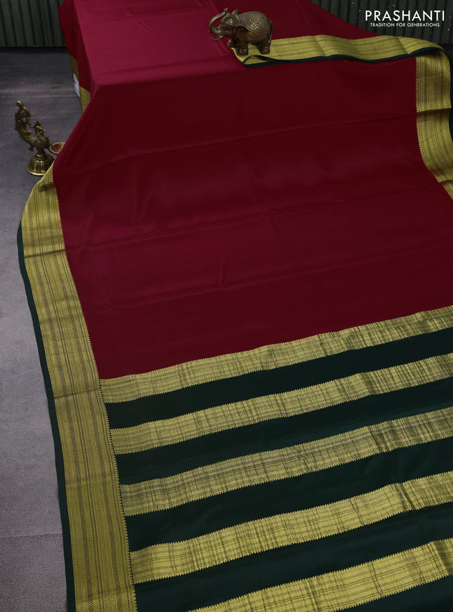 Pure mysore silk saree red and green with plain body and zari woven border
