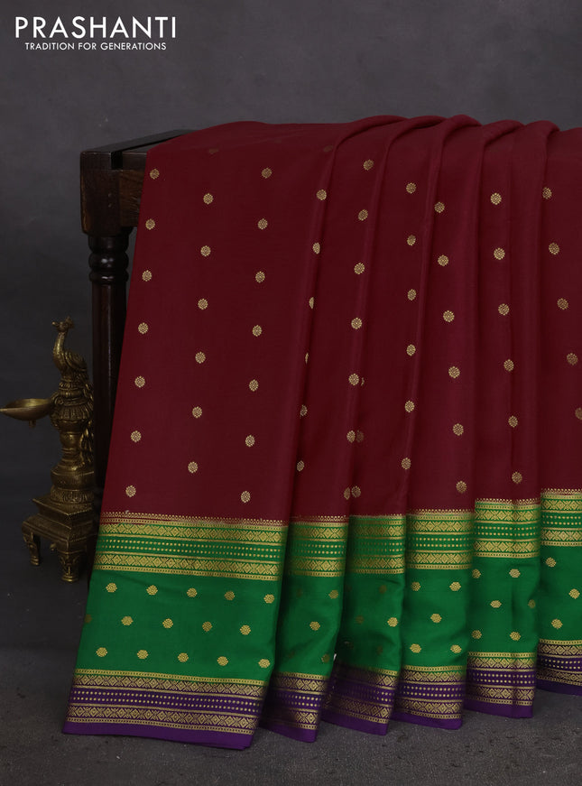 Pure mysore silk saree maroon and green violet with zari woven buttas and zari woven border