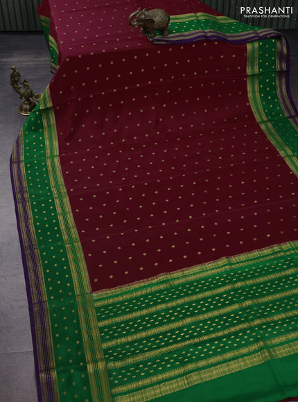 Pure mysore silk saree maroon and green violet with zari woven buttas and zari woven border