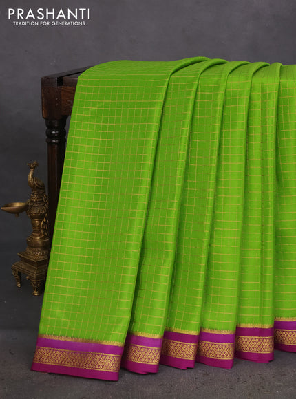 Pure mysore silk saree light green and purple with allover zari checked pattern and zari woven border