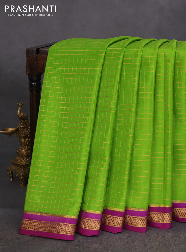 Pure mysore silk saree light green and purple with allover zari checked pattern and zari woven border
