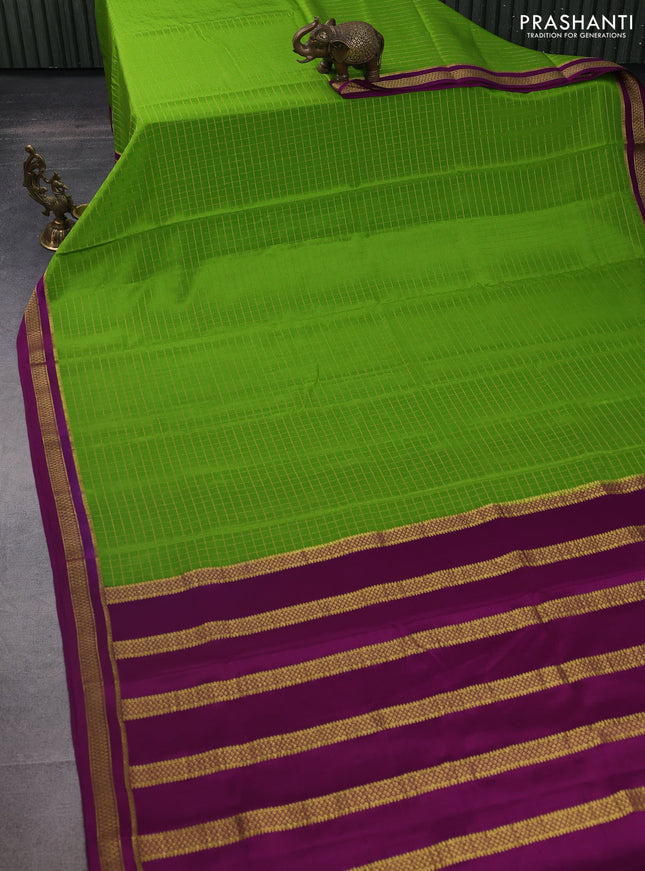 Pure mysore silk saree light green and purple with allover zari checked pattern and zari woven border