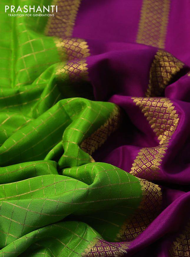 Pure mysore silk saree light green and purple with allover zari checked pattern and zari woven border