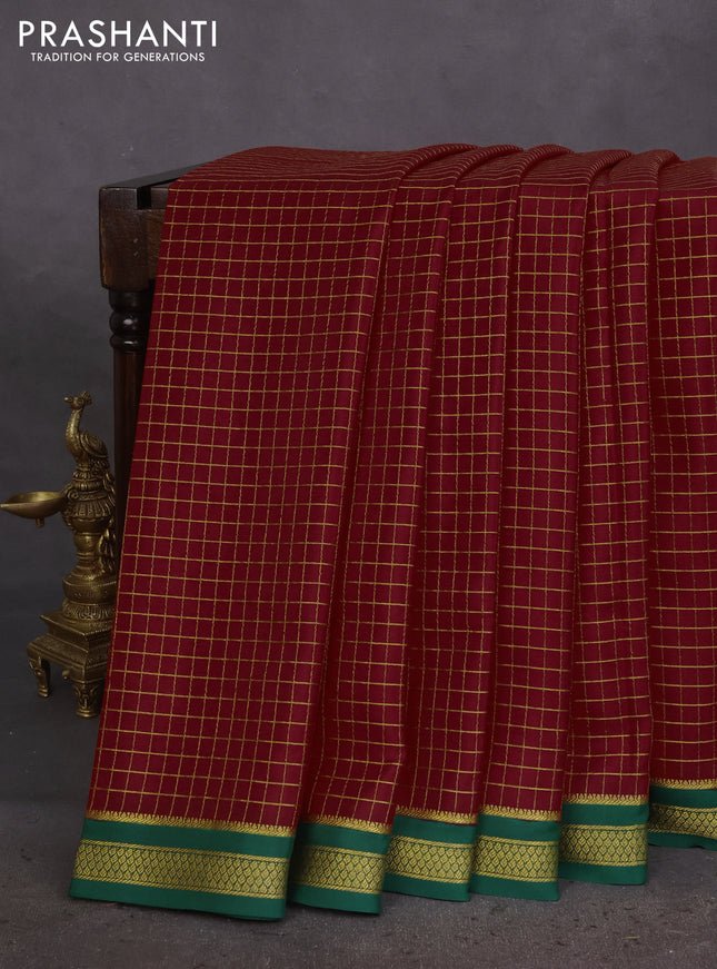 Pure mysore silk saree red and green with allover zari checked pattern and zari woven border