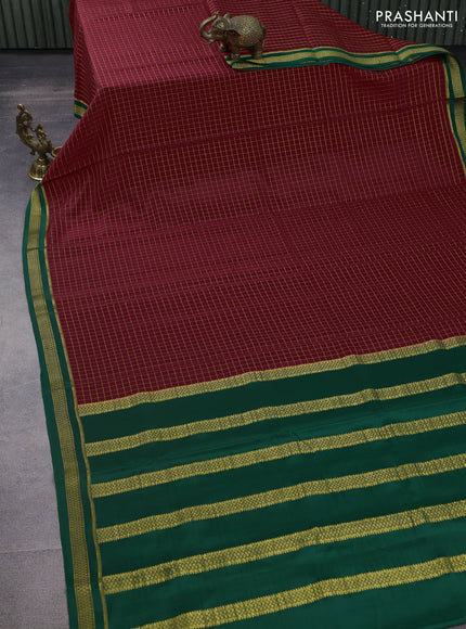 Pure mysore silk saree red and green with allover zari checked pattern and zari woven border