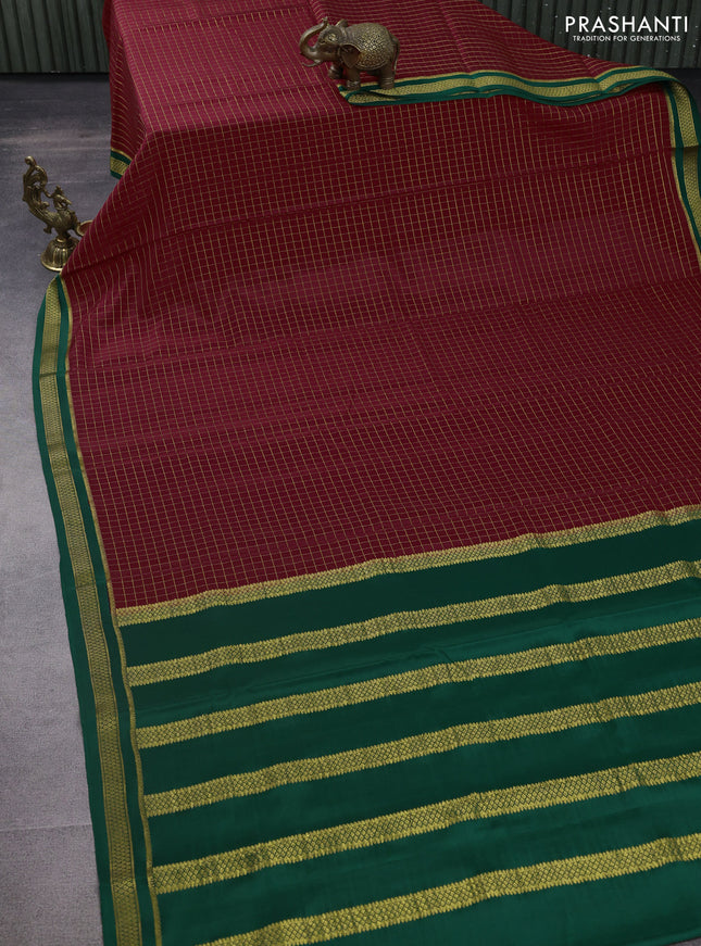Pure mysore silk saree red and green with allover zari checked pattern and zari woven border
