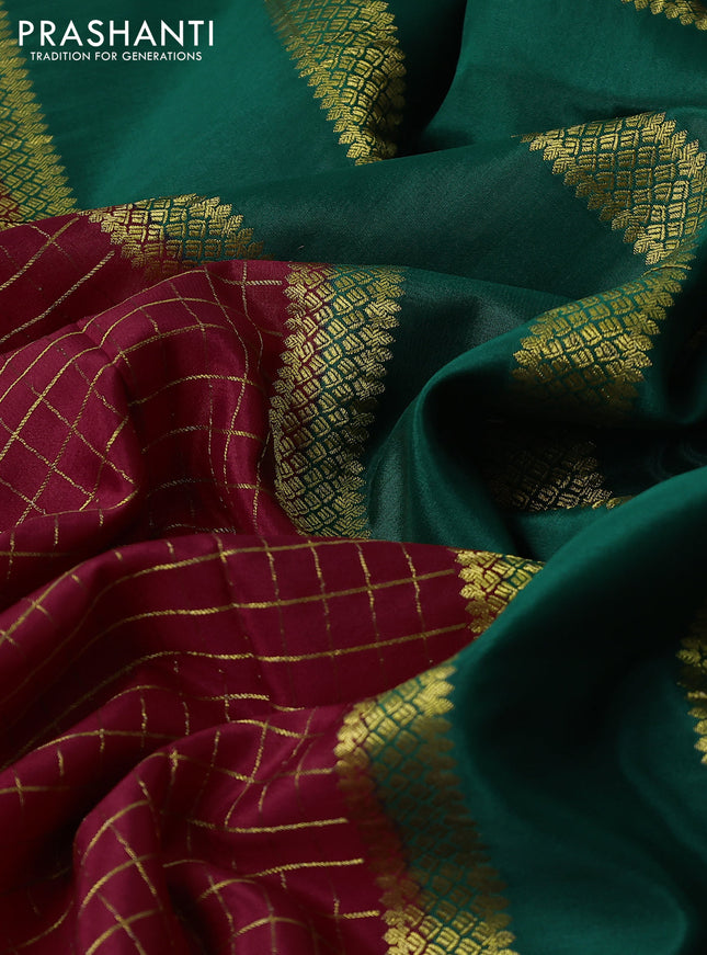 Pure mysore silk saree red and green with allover zari checked pattern and zari woven border