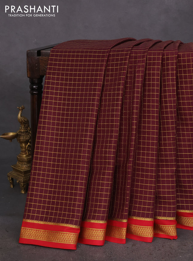 Pure mysore silk saree deep wine and red with allover zari checked pattern and zari woven border