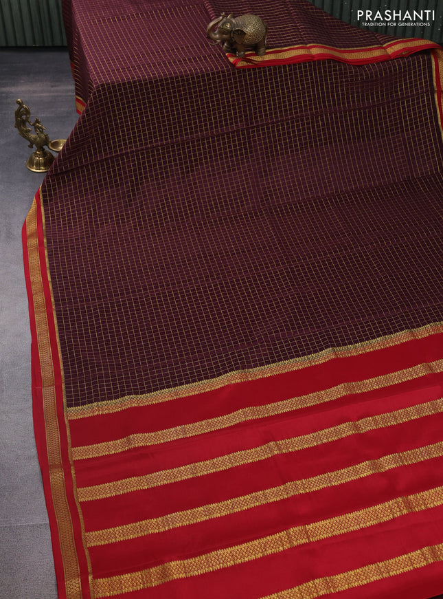 Pure mysore silk saree deep wine and red with allover zari checked pattern and zari woven border
