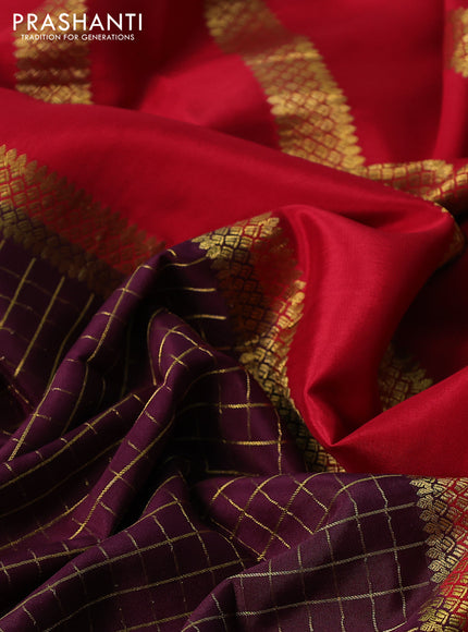 Pure mysore silk saree deep wine and red with allover zari checked pattern and zari woven border