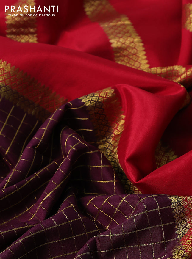 Pure mysore silk saree deep wine and red with allover zari checked pattern and zari woven border