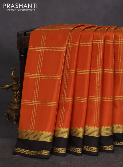 Pure mysore silk saree rustic orange and black with allover zari checked pattern and zari woven border