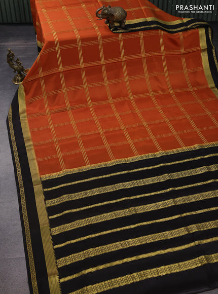 Pure mysore silk saree rustic orange and black with allover zari checked pattern and zari woven border