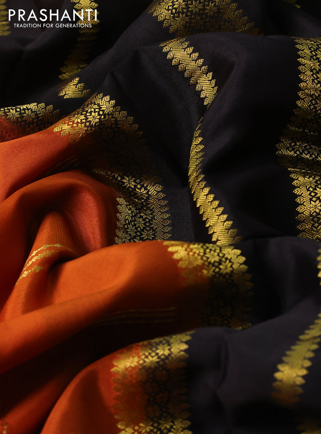 Pure mysore silk saree rustic orange and black with allover zari checked pattern and zari woven border