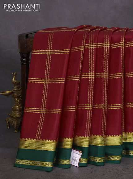 Pure mysore silk saree red and green with allover zari checked pattern and zari woven border
