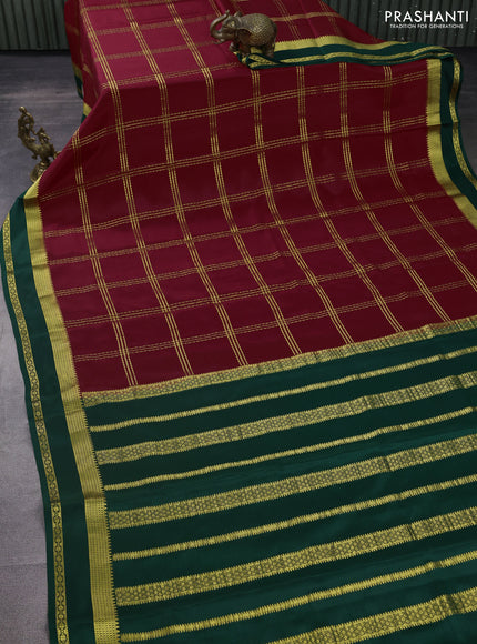 Pure mysore silk saree red and green with allover zari checked pattern and zari woven border