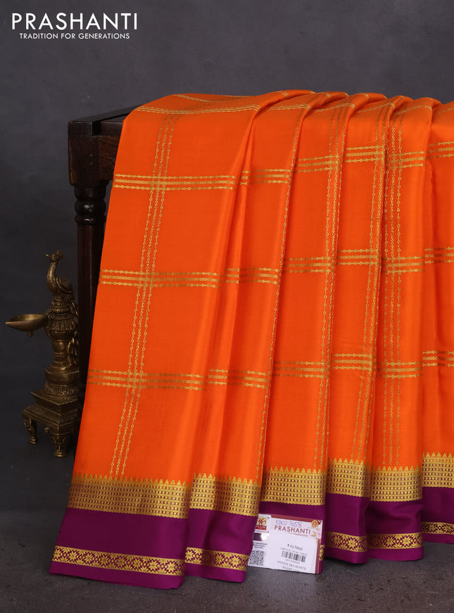 Pure mysore silk saree orange and purple with allover zari checked pattern and zari woven border