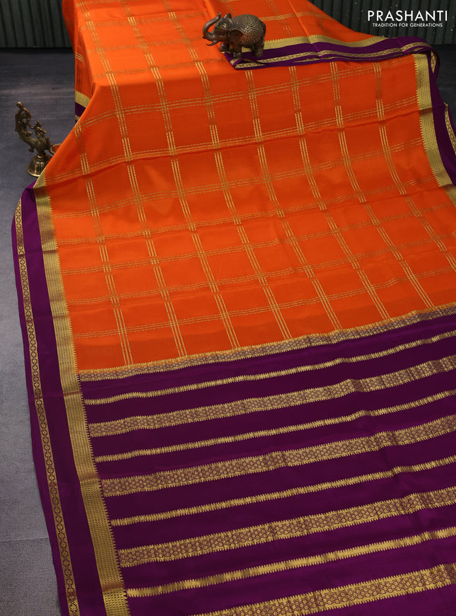 Pure mysore silk saree orange and purple with allover zari checked pattern and zari woven border