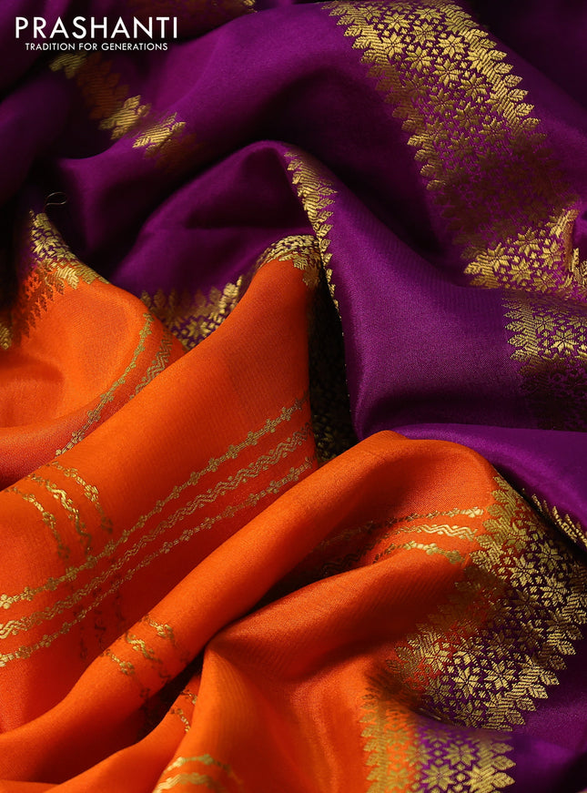 Pure mysore silk saree orange and purple with allover zari checked pattern and zari woven border