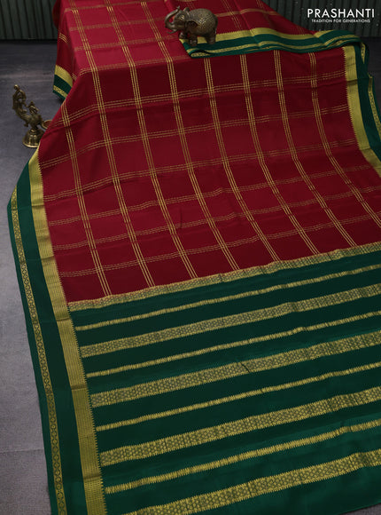 Pure mysore silk saree red and green with allover zari checked pattern and zari woven border