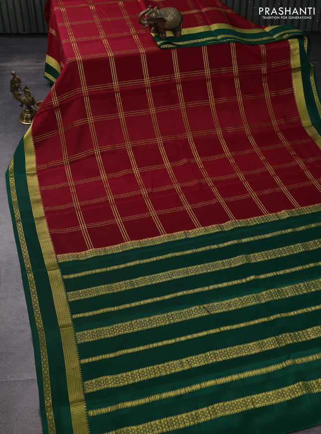 Pure mysore silk saree red and green with allover zari checked pattern and zari woven border