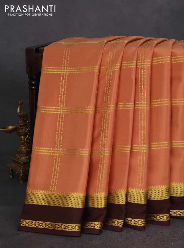 Pure mysore silk saree sandal and brown with allover zari checked pattern and zari woven border