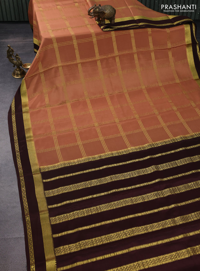 Pure mysore silk saree sandal and brown with allover zari checked pattern and zari woven border