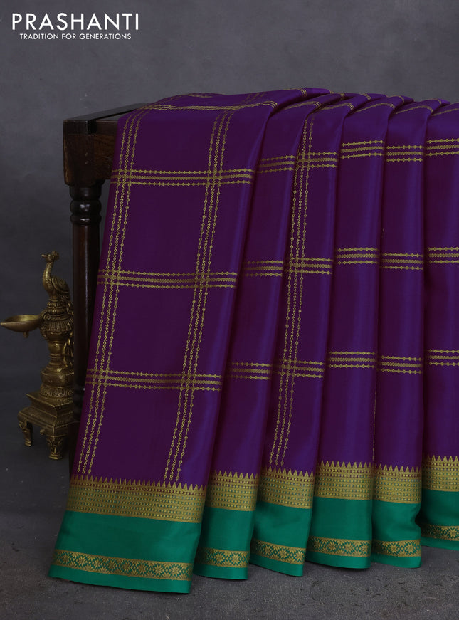 Pure mysore silk saree purple and teal green with allover zari checked pattern and zari woven border