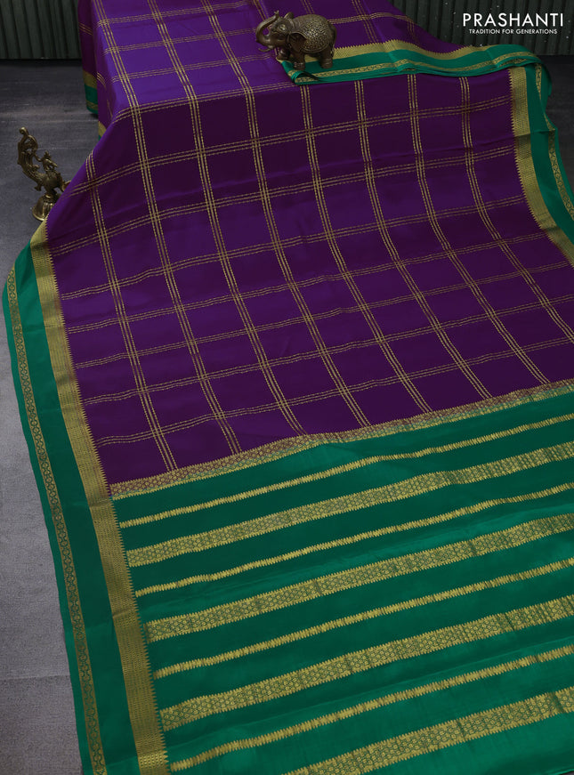 Pure mysore silk saree purple and teal green with allover zari checked pattern and zari woven border