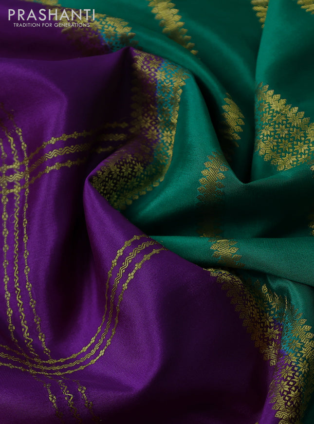 Pure mysore silk saree purple and teal green with allover zari checked pattern and zari woven border