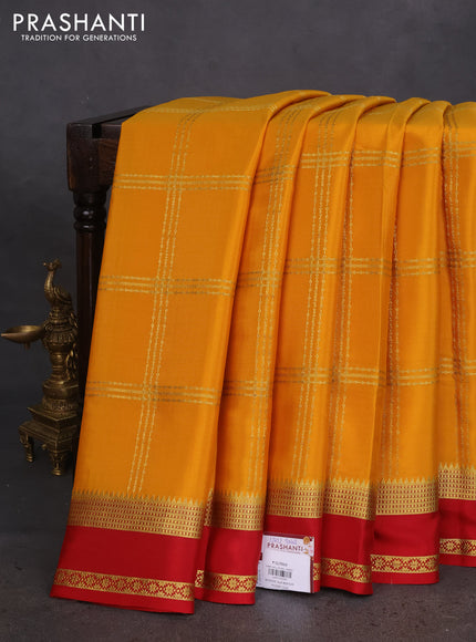 Pure mysore silk saree mustard yellow and red with allover zari checked pattern and zari woven border