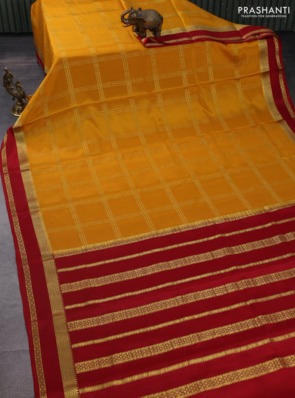 Pure mysore silk saree mustard yellow and red with allover zari checked pattern and zari woven border
