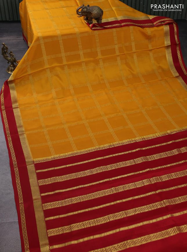 Pure mysore silk saree mustard yellow and red with allover zari checked pattern and zari woven border