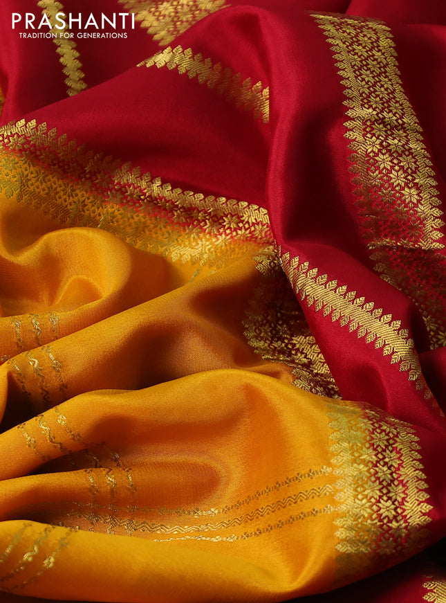 Pure mysore silk saree mustard yellow and red with allover zari checked pattern and zari woven border
