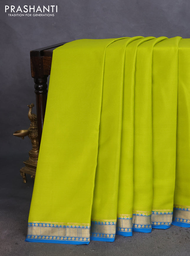 Pure mysore silk saree lime green and cs blue with plain body and zari woven border