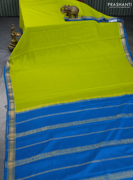 Pure mysore silk saree lime green and cs blue with plain body and zari woven border