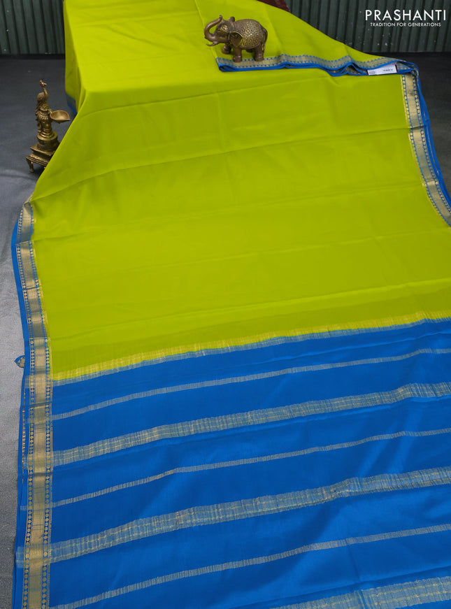 Pure mysore silk saree lime green and cs blue with plain body and zari woven border