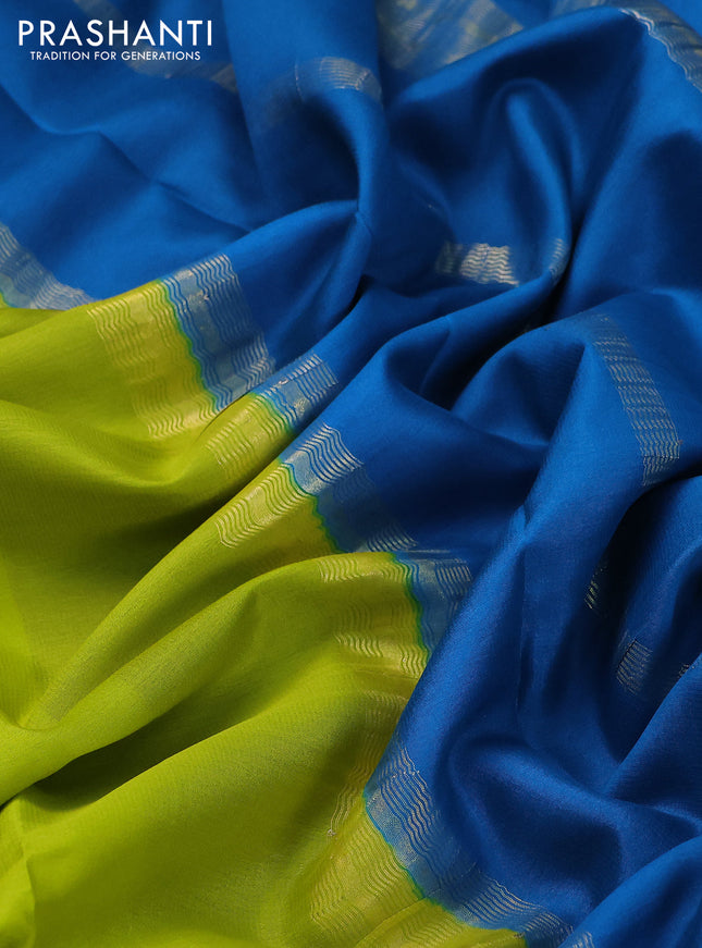 Pure mysore silk saree lime green and cs blue with plain body and zari woven border
