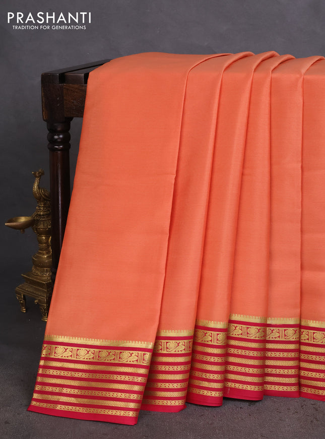 Pure mysore silk saree peach shade and pink with plain body and zari woven border