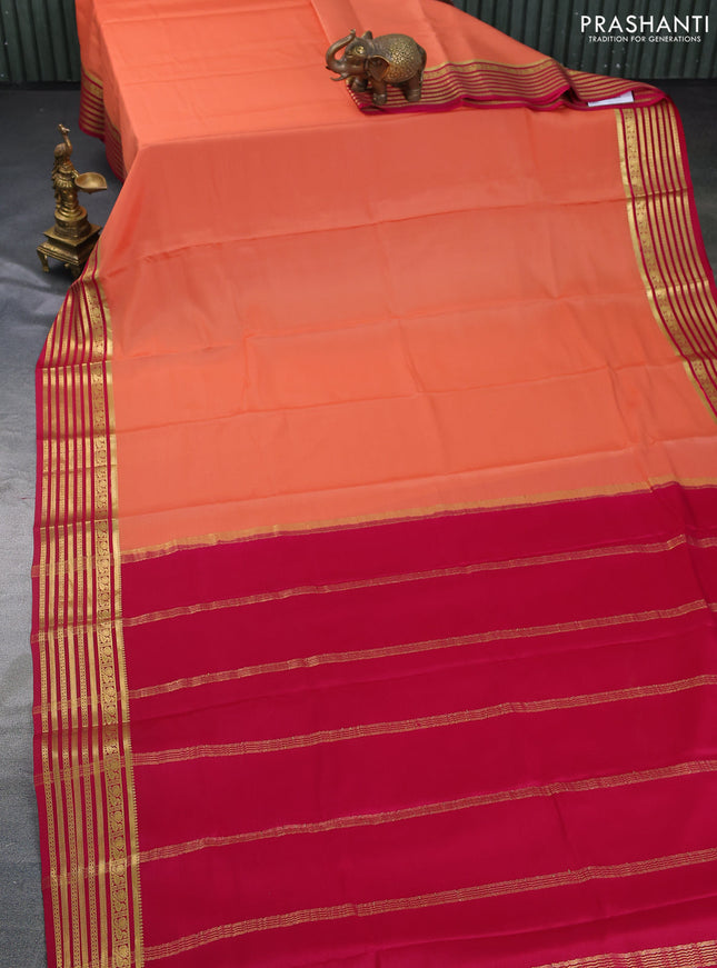 Pure mysore silk saree peach shade and pink with plain body and zari woven border
