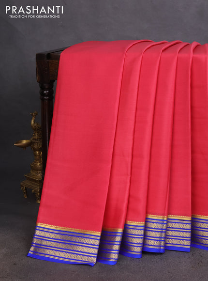 Pure mysore silk saree peach pink and blue with plain body and zari woven border