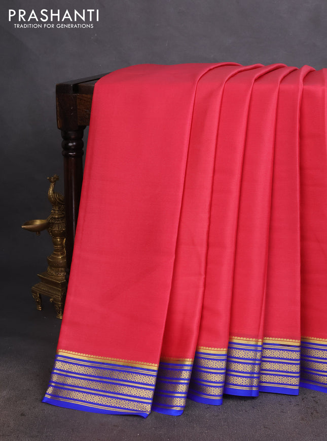 Pure mysore silk saree peach pink and blue with plain body and zari woven border
