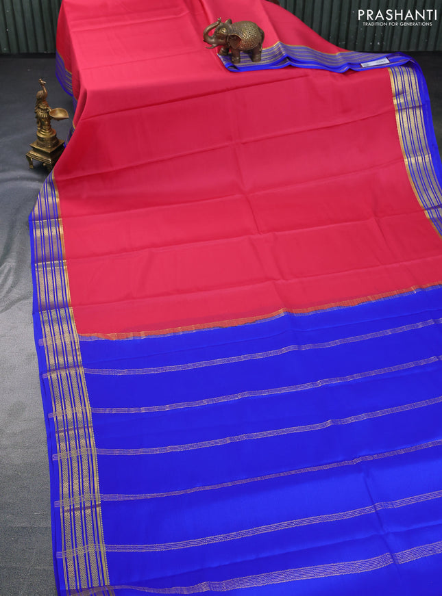 Pure mysore silk saree peach pink and blue with plain body and zari woven border