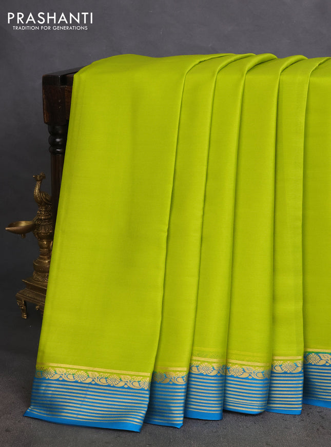 Pure mysore silk saree lime green and cs blue with plain body and zari woven border