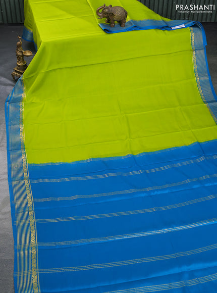 Pure mysore silk saree lime green and cs blue with plain body and zari woven border