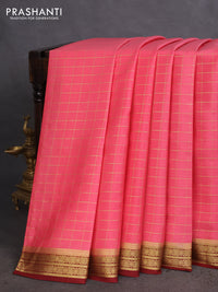Pure mysore silk saree peach pink and deep maroon with allover zari checked pattern and zari woven border