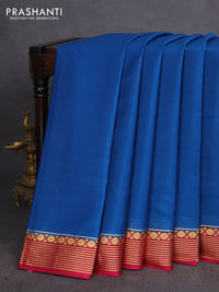 Pure mysore silk saree cs blue and dark pink with plain body and zari woven border