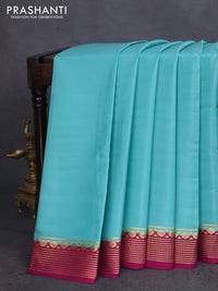 Pure mysore silk saree teal blue and purple with plain body and zari woven border